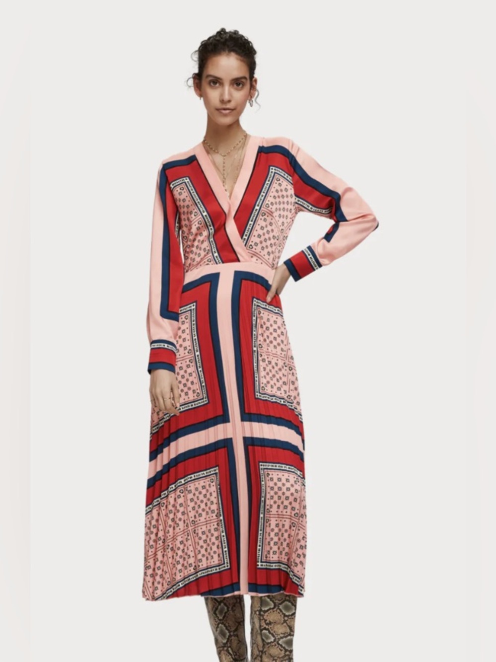 Scotch & Soda Thalia Scarf Print Pleated Midi Dress Pink Large - Picture 16 of 16